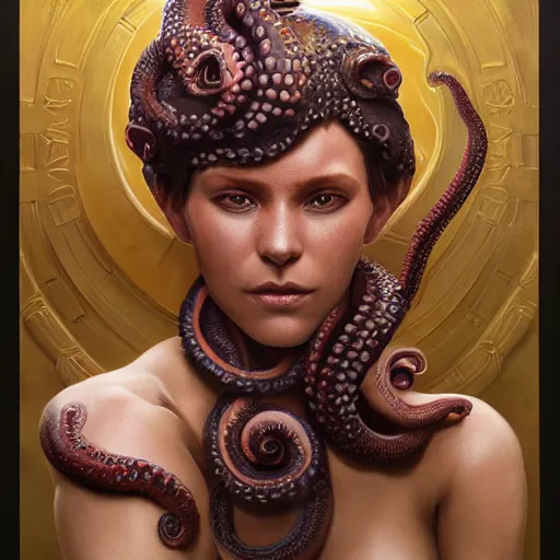 Image similar to portrait painting of octowoman, half man, half octopus, ultra realistic, concept art, intricate details, extremely detailed, photorealistic, octane render, 8 k, unreal engine. art by artgerm and greg rutkowski and alphonse mucha