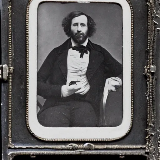 Prompt: a daguerreotype of a man looking at his cell phone.