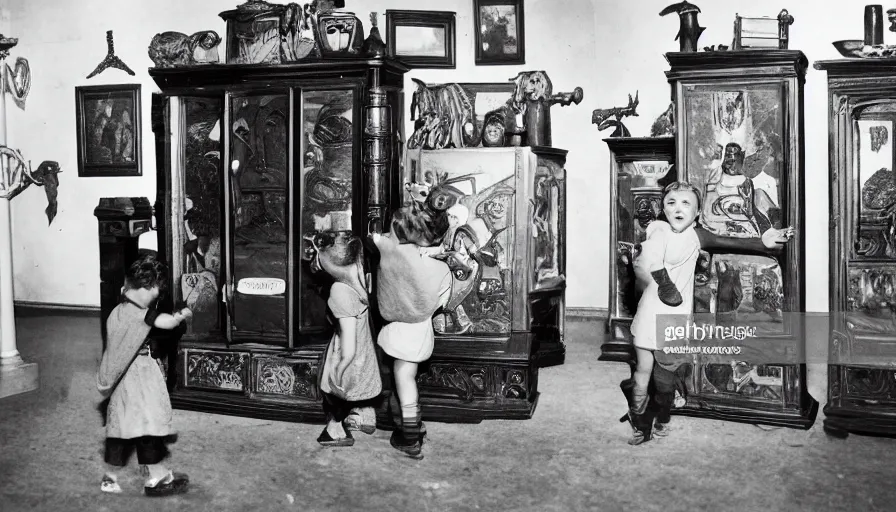 Image similar to three children playing in a giant cabinet of occult objects, museum, dark, realistic, intimidating