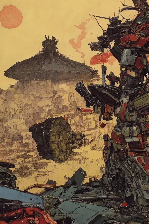 Image similar to full page illustration, a proud hunter wearing a pith hat sitting in front of the big gundam destroyed, by jean giraud, Katsuhiro Otomo, Geof Darrow, Phil hale, Ashley wood, Ilya repin, frank frazetta8k, hd, high resolution