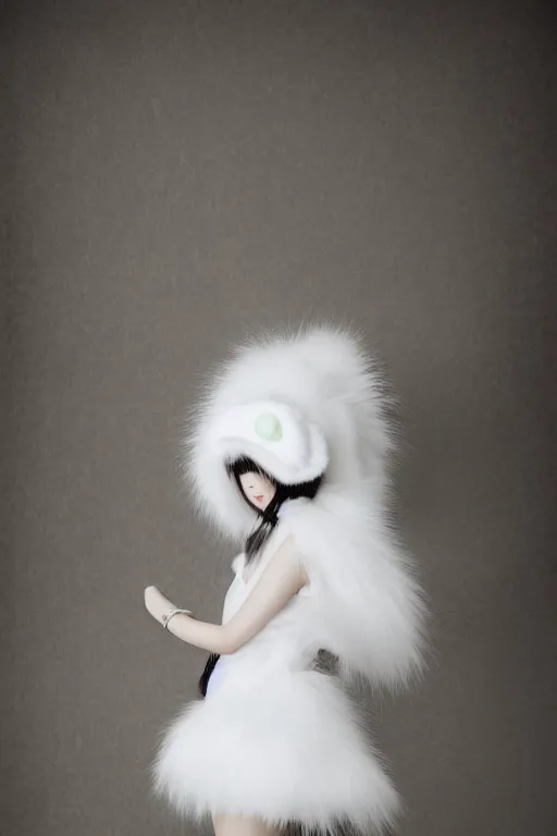 Prompt: full body aesthetic photograph of a beautiful young japanese woman in a furry white cocktail dress, white cat ears and tail, by Nick Knight, realistic, photorealistic, HD, 4k resolution