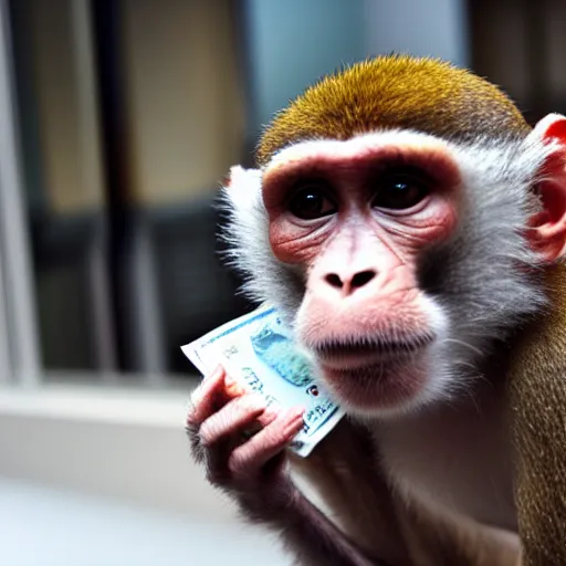 Prompt: photograph of a monkey dressed as a loan shark collecting money