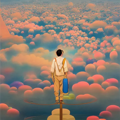Image similar to a man walking on clouds above kyoto by takashi murakami, beeple and james jean, aya takano color style, 4 k, super detailed