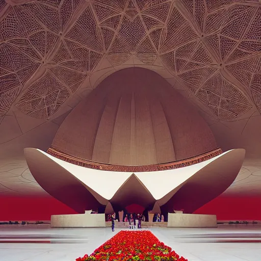 Image similar to interior of a futuristic lotus temple with gold, red and white marble panels, in the desert, by buckminster fuller and syd mead, intricate contemporary architecture with art nouveau motifs, photo journalism, photography, cinematic, national geographic photoshoot