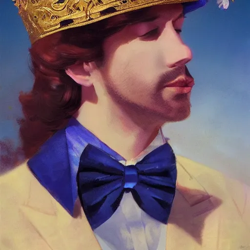 Image similar to an indigo bunting bird wearing a crown and bowtie, he's emperor of the world by greg rutkowski, rossdraws, gil elvgren, enoch bolles, anime, very coherent