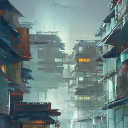 Image similar to Concept art of a HDB town from the 1990s in the evening, art by Greg Rutkowski, detailed, digital art