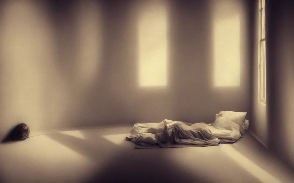 Prompt: a painting of dreaming in beds of the void empty desires rooms, light from the window casting her shadow dreams