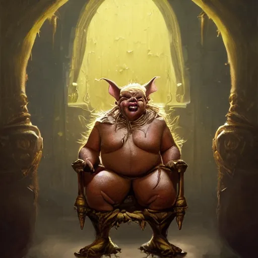 Prompt: a detailed portrait of a fat goblin king sitting on a golden throne, by justin gerard and greg rutkowski, digital art, realistic painting, dnd, character design, trending on artstation
