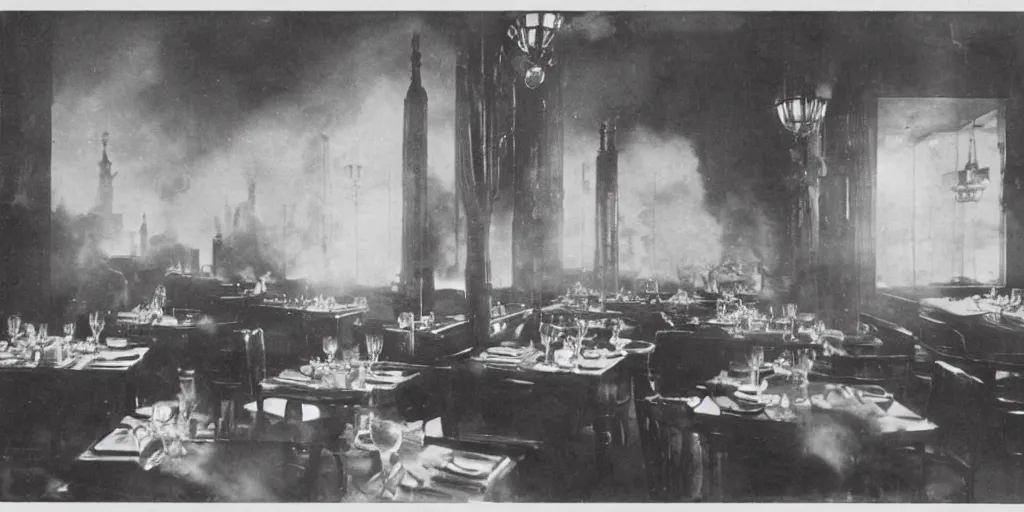 Image similar to the interior of a luxury restaurant that is burning while monsters appear in the background, 1 9 0 0 s photograph