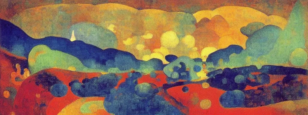 Image similar to An insane, modernist landscape painting. Wild energy patterns rippling in all directions. Curves, organic, zig-zags. Mountains, clouds. Rushing water. Waves. Psychedelic dream world. Ethereal. Odilon Redon. Andre Derain.