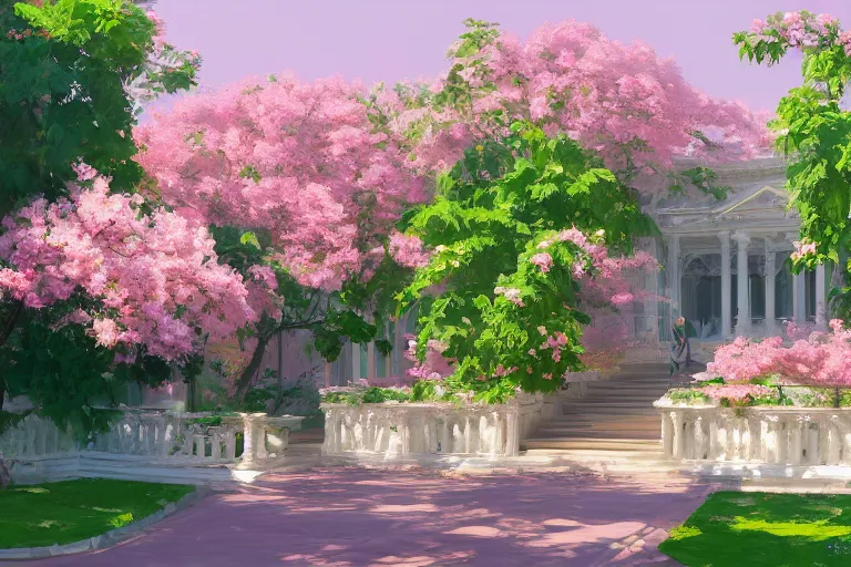 Prompt: green weed grow house, rococo style, greek architecture, pink marble building, sakura trees, sakura season dynamic lighting, landscape, artwork by jeremy lipkin and giuseppe dangelico pino and michael garmash and rob rey and greg manchess and huang guangjian and makoto shinkai, pixiv, 1 0 0 mm