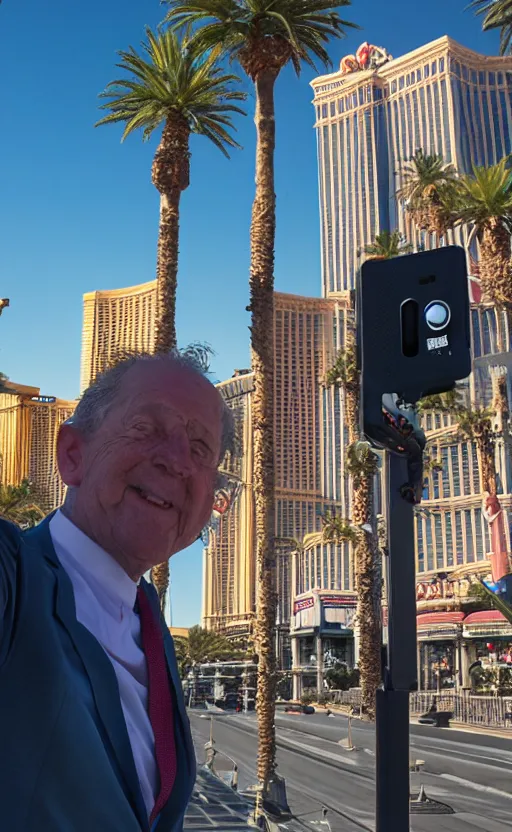 Image similar to Mr Robert House taking a selfie on the Las Vegas Strip, realistic photograph, 8k,