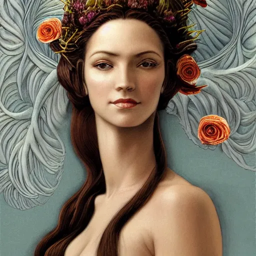 Image similar to facial portrait of a young pretty woman in flowing dress, arrogant, mysterious, long fine flowing hair, delicate, looking at camera, slightly awkward smile, realistic face, hands behind back, intricate, stylish, elegant, grimdark fantasy, flowers, extremely detailed painting inspired by Gerald Brom and Ernst Haeckel and Greg Rutkowski