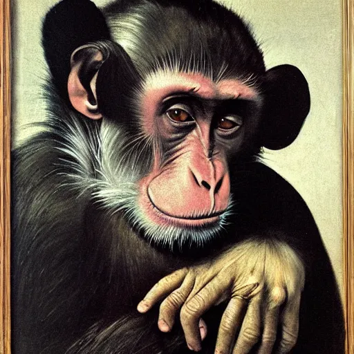 Image similar to a monkey lost deep in thought, portrait, by caravaggio