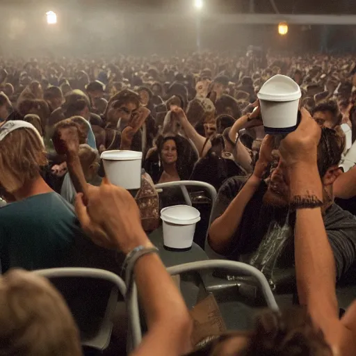 Image similar to Blistered cups of coffee are being handed out by a stringy-haired, sweaty man who is wearing an I.V. drip in his arm and a cigarette between his lips. A few people clamber up onto the stage to sit on the rickety chairs that have been set out for them; others stand along the wall or lean against the cracked concrete pillars. The only ones sitting down are those with crutches or canes—they've brought their own seats.