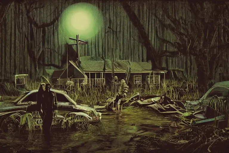 Image similar to scene from louisiana swamps, portrait, voodoo cult, old protestant church with neon satanic pentagram, junkyard by the road, boy scout troop, voodoo artwork by tim eitel