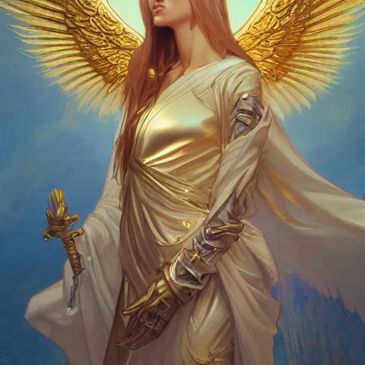 Image similar to golden angel, fantasy, highly detailed, digital painting, artstation,illustration, art by artgerm and greg rutkowski and alphonse mucha