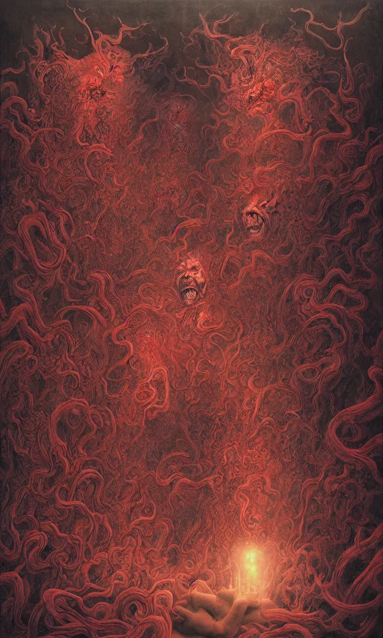 Image similar to zhongyuan festival, chinese ghost festival, king of hell, inside page of comic book, psychedelic lights and fog, in the style of zdzislaw beksinski, ayami kojima, takato yamamoto, barclay shaw, karol bak, glowing light and shadow, hyperrealist