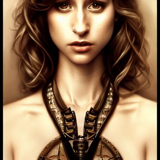 Image similar to in the style of rob hefferan, artgerm, beautiful taissa farmiga, steampunk, elegant pose, middle shot waist up, symmetrical face symmetrical eyes, cinematic lighting, detailed realistic eyes, short neck, insanely detailed and intricate elegant