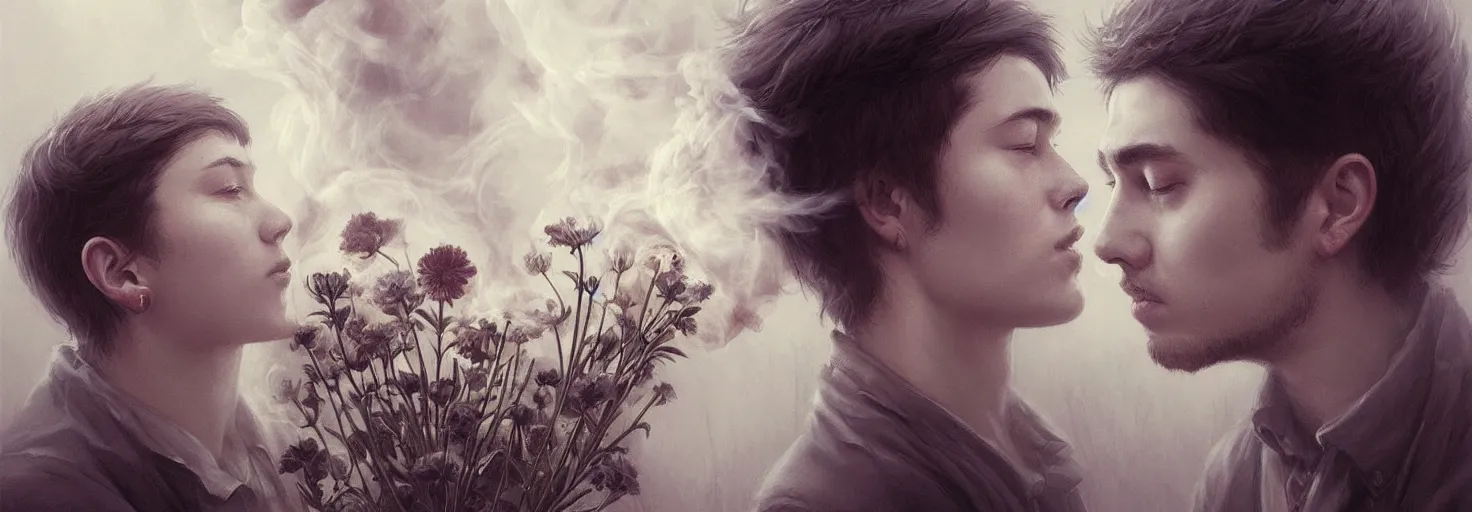 Prompt: young maren looks at the sky from behind the guy's mouth, a puff of smoke falls, the guy's flowers are large, with soft line, symmetrical patterns, in style marco mazzoni, greg rutkowski, artgerm