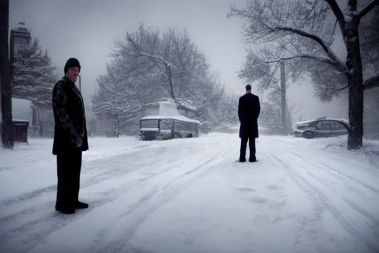 Prompt: Mysterious man standing in the middle of a snowy street photo by Gregory Crewdson,