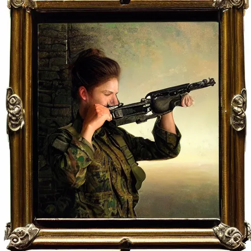 Image similar to a female soldier pressing a staple gun to her own head and looking depressed by thomas kincade realistic, high details