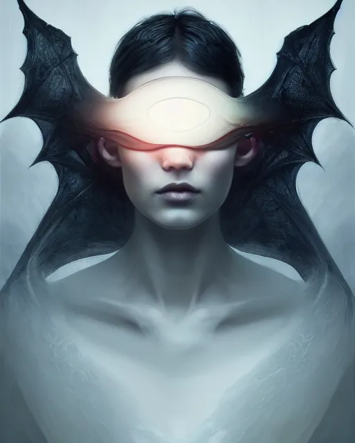 Image similar to fantasy portrait of a dark angel with a blindfold on his eyes!!, highly detailed, moist foggy, abstract dragons around in a intricate background, complex 3 d render by ilya kuvshinov, peter mohrbacher. unreal engine, blender, octane, ray tracing. sharp focus, masterpiece, post processing, deviantart