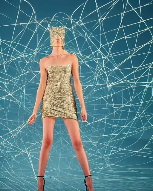 Image similar to standing in an abstract desert dunes criss-crossed with razor-thin lasers and threads, a young beautiful elegant blindfolded fashion model woman wearing posing in a splendid shiny metallic party dress, face and eyes obscured by a floating mid-air laserbeams and geometry