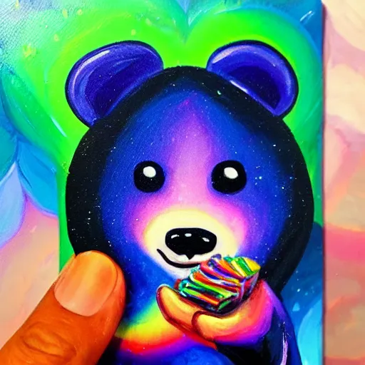 Prompt: a jeremiah ketner and lisa frank acrylic impasto!! painting of an adorable and cute bear eating candy