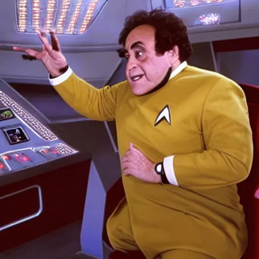 Prompt: captain danny devito sitting in the captains chair of the USS Enterprise, Star trek, still, star trek the next generation