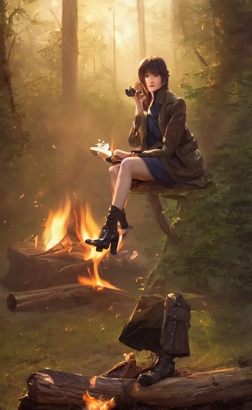 Image similar to a girl from final fantasy live action, with short black hair and green eyes in a tan trenchcoat sitting on a log and drinking tea by the campfire by her dieselpunk motorcycle at night, award winning, masterpiece digital painting by greg rutkowski, alex grey, artstation, 4 k wallpaper