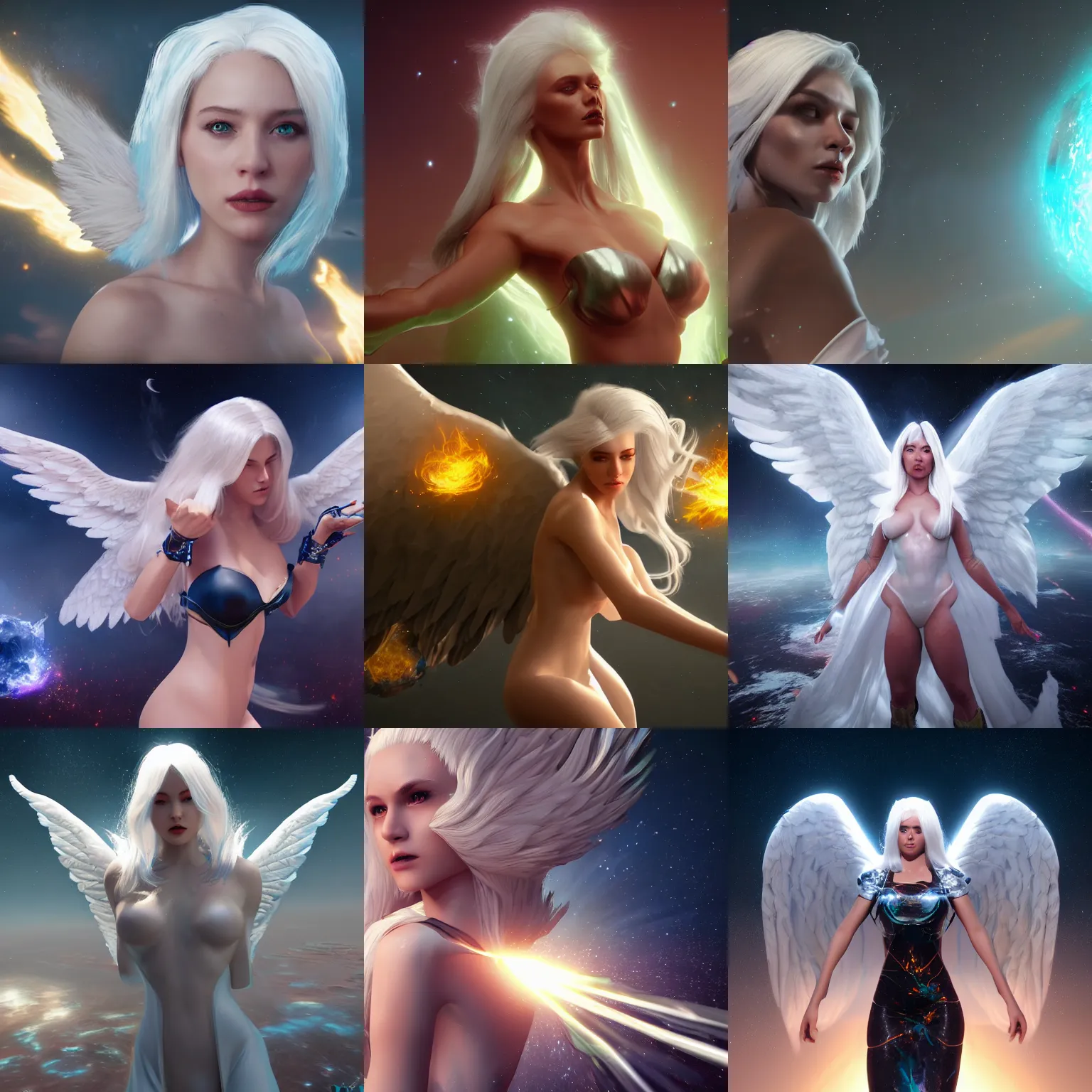 Prompt: impossibly beautiful female angel destroying earth from space, white hair, by wlop, artstation contest winner, cinematic paint, unreal engine