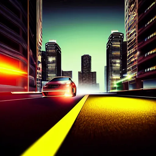 Image similar to a car Nissan Skyline in middle of road, night city, cinematic color, photorealistic, highly detailed