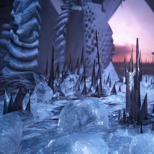 Prompt: ice spikes are summoned from the ground by magic, a group of knights in plate - armor gets impaled by bloody spikes, death on the spot, gloomy lights in the sky, octane render, unreal engine