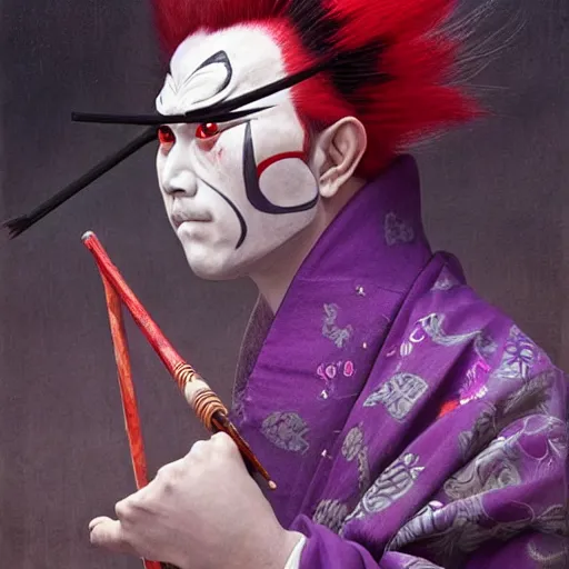 Image similar to portrait of an insane kabuki man wielding a spear covered in a distorting aura, intricate purple hakama, poofy red wig, eerie, highly detailed, dark fantasy, shallow depth of field, art by artgerm and greg rutkowski