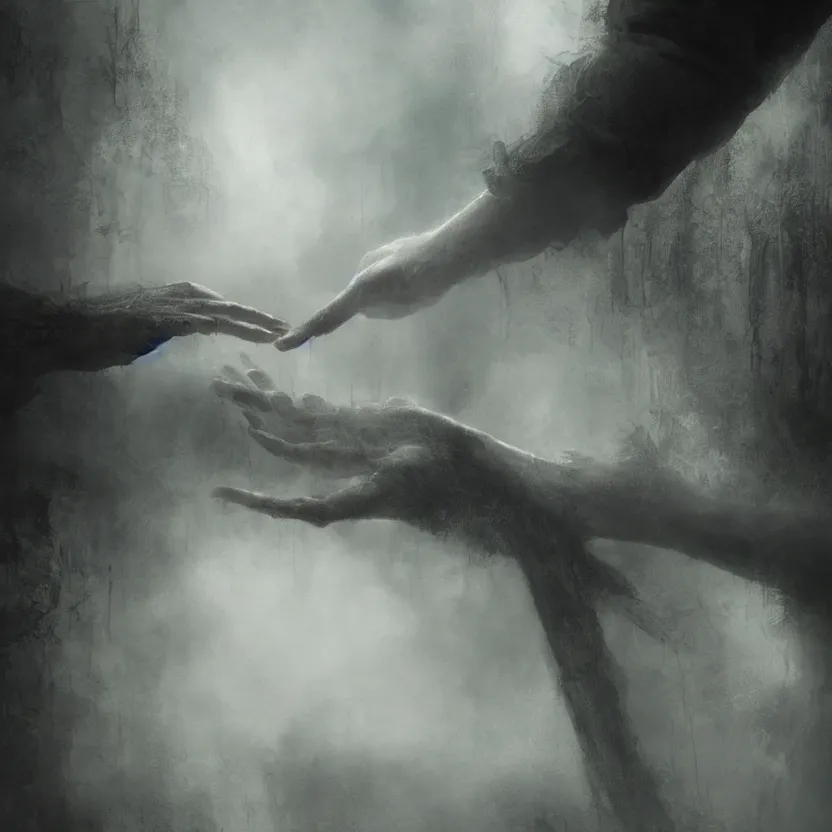 Image similar to a hand emerges from the mist, in the hand is a step ladder, atmospheric, hyper detailed, artistic lighting, 8k, trending on art station
