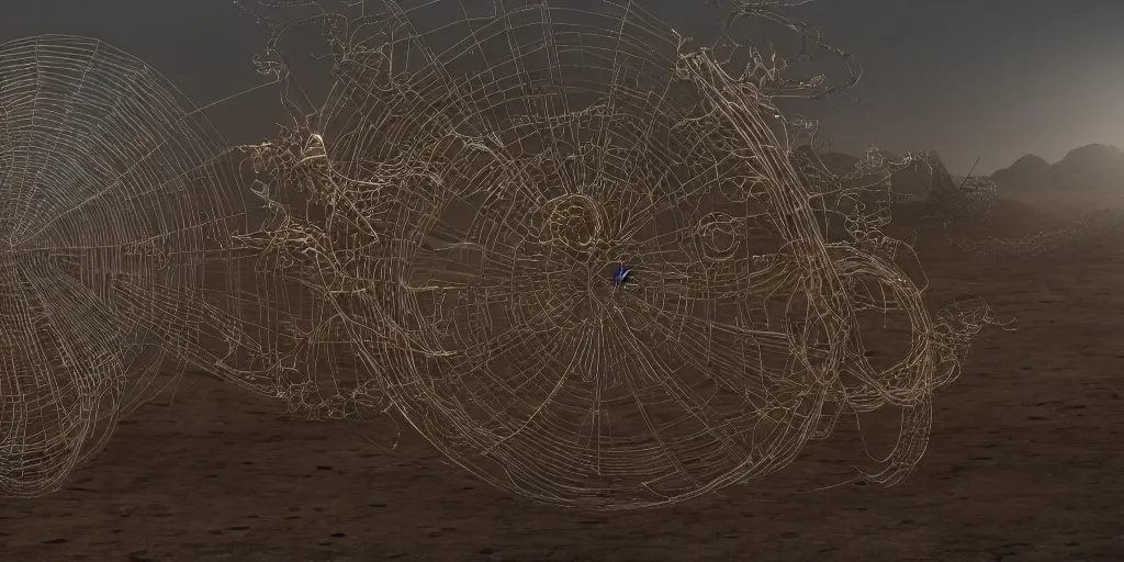 Prompt: A George Miller film, an ornate real characters made out of intricate metallic filament webs with cutaways to see into the Endocrine system built out of dust and light, floating in the desert night, hyper-realism, very detailed feel, rendered in Octane, tiny points of light, caustic, 4k, beautiful lighting, foggy