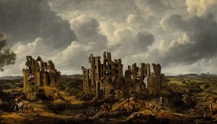 Image similar to huge castle in ruins, ruined castle, castle ruins with a dark cloudy stormy sky, striking landscape, dramatic scene during the first anglo - dutch war painted by jan beerstraaten