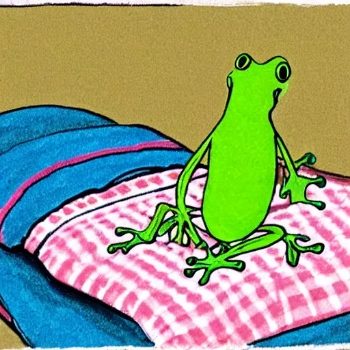 Image similar to peepo the frog, crying!! on bed with laptop, in the style of lo-fi, dramatic,