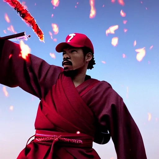 Image similar to cinematic film still of Chance The Rapper starring as a Samurai holding fire, close up, Japanese CGI, VFX, 2022, 40mm lens, shallow depth of field, film photography