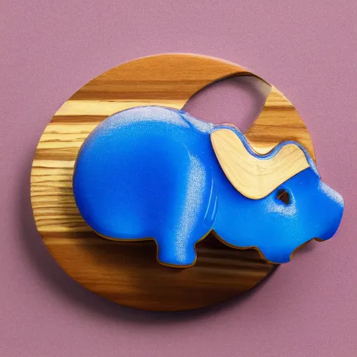 Prompt: a zoomed out studio product shot of a rounded carved smooth cherry wood and blue resin hippopotamus, in profile, like a catalog photograph, mostly wood, with a smooth featureless minimalist look