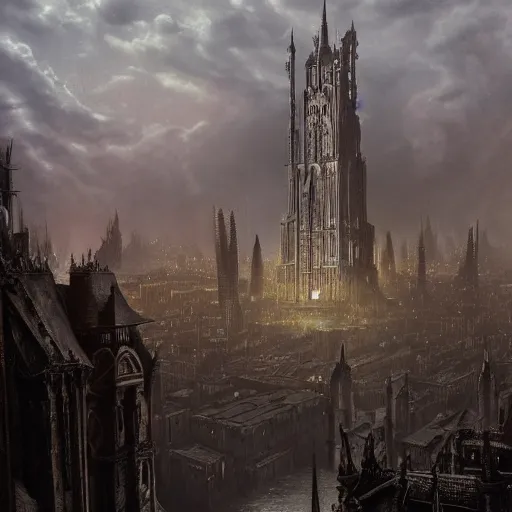 Image similar to an ultra detailed matte painting of a lonely and impossibly elevated temple district of the damned god, with a lone tall ominous gothic dark tower elevated high above the city, in a river elevated high above the city, fantasy capital city, ultrawide lense, aerial photography, volumetric lighting, exquisite detail, 8 k, art by greg rutkowski and alphonse mucha