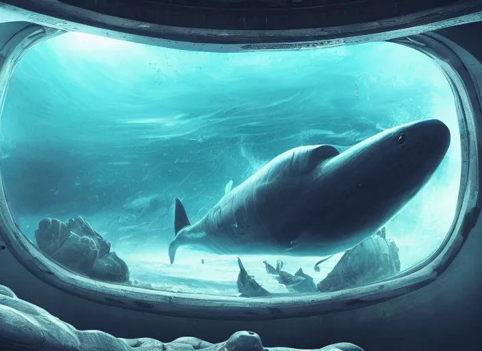 Prompt: interior of a deeply submerged submarine, centered wide framed window, view to the deep ocean amassed with a threateningly gargantuan [ leviathan devouring a nearby submarine ]!!, digital art, golden ratio!!, centered!!, trending on cgsociety, artstation, cinematic still, theatrical lighting