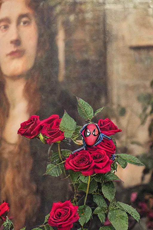 Prompt: pre-raphaelite spider man with roses in the background, blurred detail, phototaken with Nikon D750