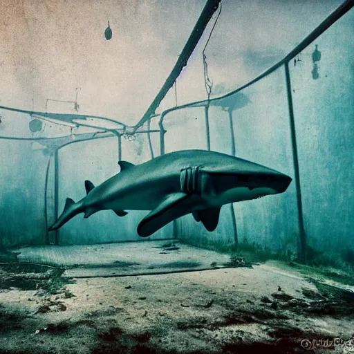 Image similar to abandoned rusty underwater theme park, surreal, horror, eerie, creepy, murky water, underwater, underwater photography, dark, submechanophobia, distant shark,