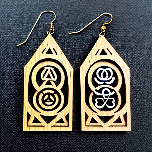 Image similar to 2 d wood lasercut earrings, mystical symbols, 8 k, hd, trending on amazon on artstation, trending on deviantart, trending on etsy, epic digital art