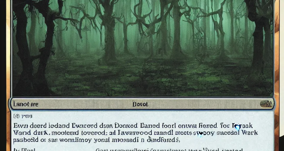 Image similar to A dense and dark enchanted forest with a swamp, from Magic the gathering