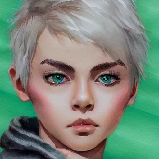 Prompt: short white haired girl, green eyes, portrait, watercolor, artstation, highly detailed, cute, by Ross tram