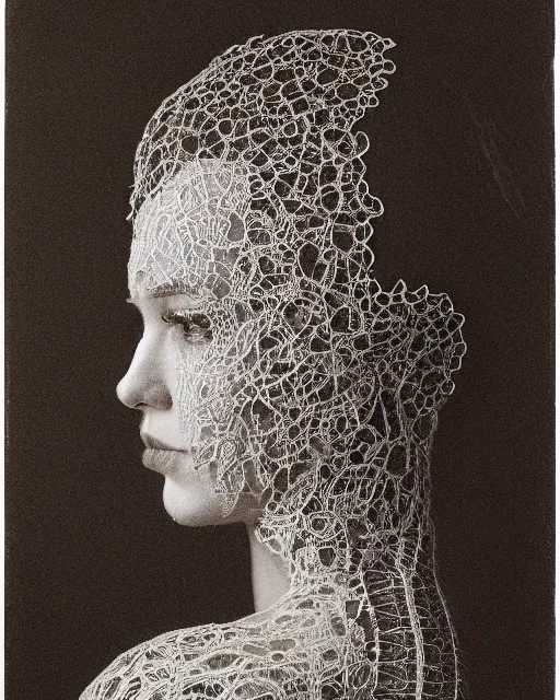 Image similar to a woman's face in profile, made of intricate decorative lace skeleton, in the style of the dutch masters and gregory crewdson, dark and moody