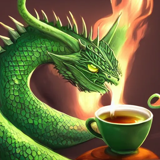 Image similar to a green dragon drinking a cup of tea, intricate concept art, artstation